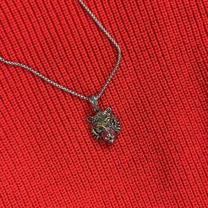 Tiger Head Pendant Necklace Silver Tone Gold Accents Box Chain 16" Fashion Jewel